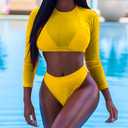 Meyeeka Womens Sexy High Waist Rash Guard Swimwear Long Sleeve 3PCS Swimsuit (Large, Yellow)
