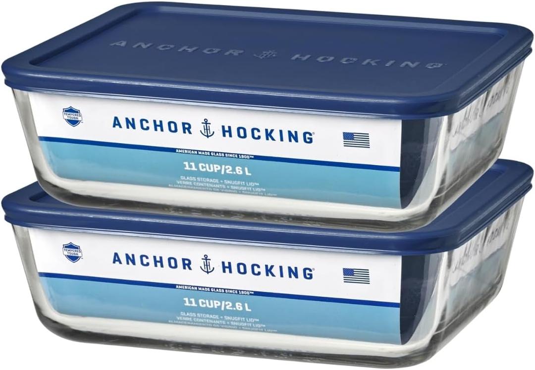 Anchor Hocking 11-Cup Glass Storage Containers with Lids, Set of 2 Glass Food Storage Containers with Navy SnugFit Lids