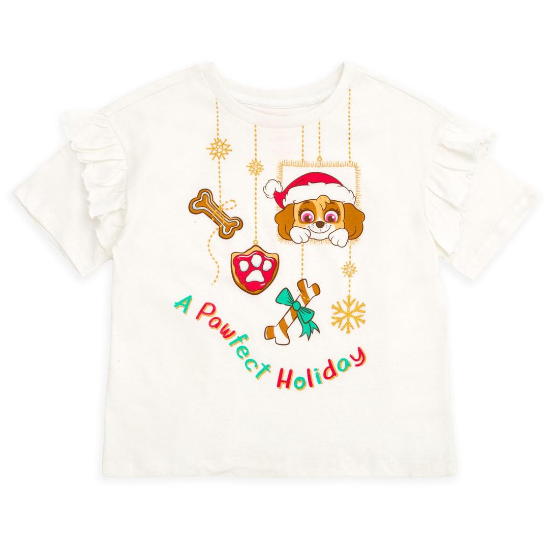 Paw Patrol Big Girls' Christmas Ruffle Jersey Short Sleeve Graphic Tee Skye White 10-12 (White)