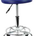 KKTONER PU Leather Round Rolling Stool with Foot Rest Height Adjustable Swivel Drafting Work SPA Task Chair with Wheels (Blue)