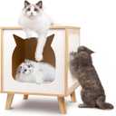 Cat House Wooden Cat Condo Cube Shaped, Modern Cat Bed Side Table & Nightstand, Cat Shelter Furniture with Cushion Cat Scratch Pad, Natural