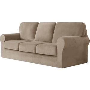 UNBBRRL 7 Piece Couch Covers for Sofa, Replacement Ektorp Sofa Cover 3 Seat with 1 Main Cover / 3 Seat Cushion Covers / 3 Backrest Covers, Velvet Settee Cover 3 Seater (Camel)