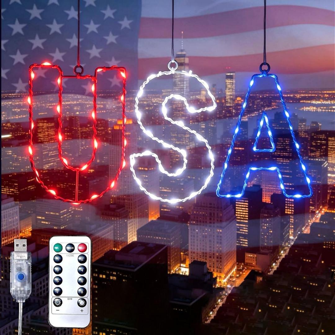 4th of July Window String Lights, USB Powered Twinkle Light for Independence Day Decorations, Memorial Day & Wedding Lights - Red White Blue Hanging Light with 68 LEDs for Trees & Home Decor