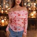 Women Floral Off Shoulder Tops,Mesh Long Sleeve and Ruched Slim Fit Going Out Top (Pink, XXL)