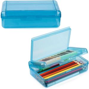 Double Layer Large Capacity Pencil Case, Translucent Plastic Hard Pencil Box with Snap-tight Lid, School Office Supplies Storage Box for Stationery, Pen, Crayon (Blue, 1 Pack)