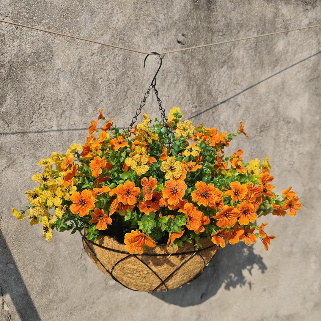 Artificial Faux Hanging Plants Flowers Basket for Summer Autumn, Colorful Daisy Flowers Eucalyptus UV Resistant Look Real for Outdoor Outside Porch Decoration (Orangeyellow)