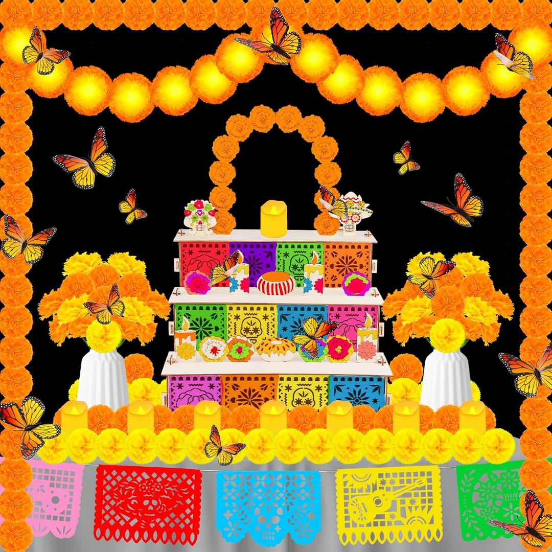 64 Pcs Dia De Los Muertos Altar Ofrenda Wooden Day of the Dead Ofrenda Altar with Photo Frame Altar De Muertos Ofrenda Decoration Included Marigold Garland Banner Marigold Flowers Butterflies Candles