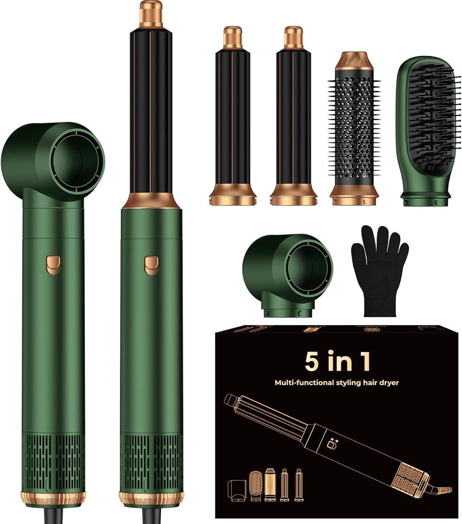 Blow Dryer Brush 5 in 1 Set,Negative Ion Air Curling Wrap Air Curler, Hot Air Styler Round Brush Blow Dryer Curling Iron Hair Styling Tools Gift for Dry,Volumize, Straight,Curl,100-120V (Green)