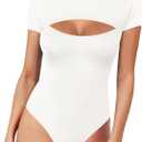 MANGOPOP Women's Cutout Front Long Sleeve Short Sleeve Bodysuit Round Neck Body Suits Sexy Going Out Fall Tops, (White, X-Large)