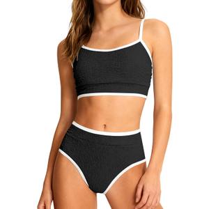 Girls Swimsuit Two Piece Scoop Neck Solid Color Bikini Set Adjustable Strap High Waist Bathing Suit for Girls 9-10Y (Black)