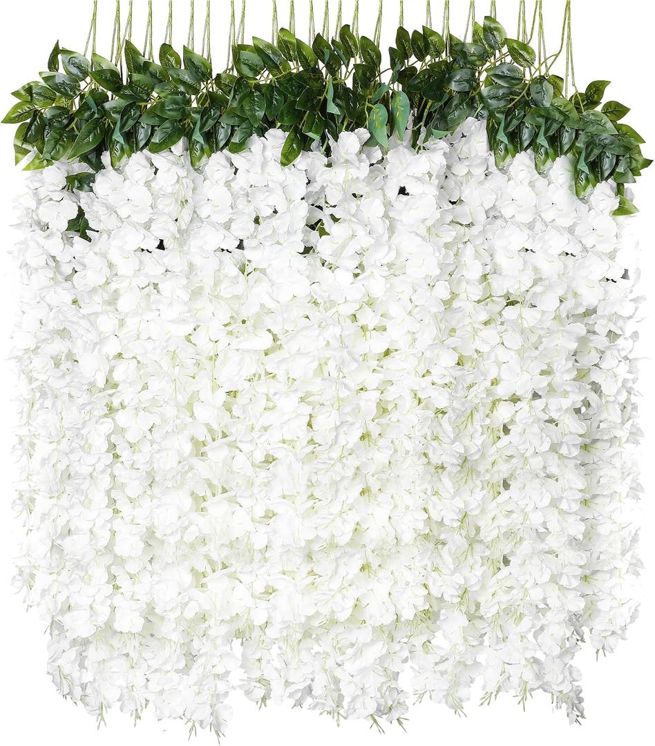 8pcs Artificial Wisteria Flowers 4.58Ft Fake Silk Wisteria Vine Rattan Hanging Flower Garland String for Wedding Arch Party Background Garden Bedroom Home Decor (White), 37 inches