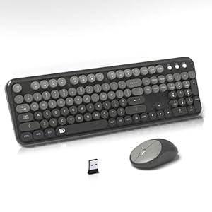 Wireless Keyboard and Mouse Combo, 104 Round Keys Cute Colorful Cordless Keyboard and Mouse with Retro Typewriter Black