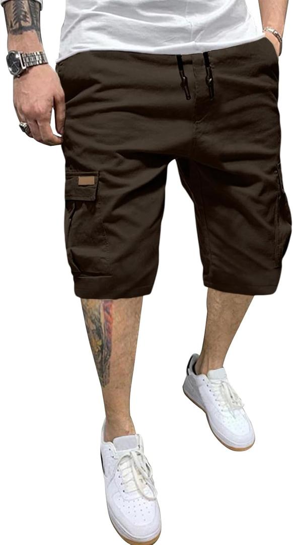 JMIERR Mens Casual Cotton Twill Cargo Shorts Drawstring Classic Chino Stretch Short with 6 Pockets (Brown, 38)