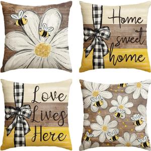 AVOIN colorlife Home Sweet Home Bee Daisy Throw Pillow Covers, 16 x 16 Inch Love Lives Here Spring Summer Stripes Polka Dots Cushion Case for Sofa Couch Set of 4
