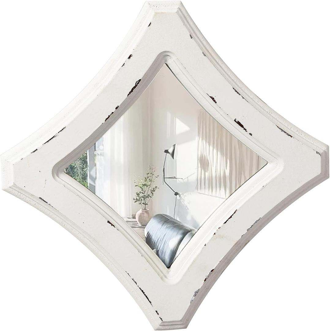 Farmhouse Small Decorative Mirrors for Wall Decor Living Room 7.9 inch, Hanging Distressed White Vintage Wood Frame Bedroom Mirror, Rustic Rhombus Wall Mounted Mirror for Home Decor (Rhombic)