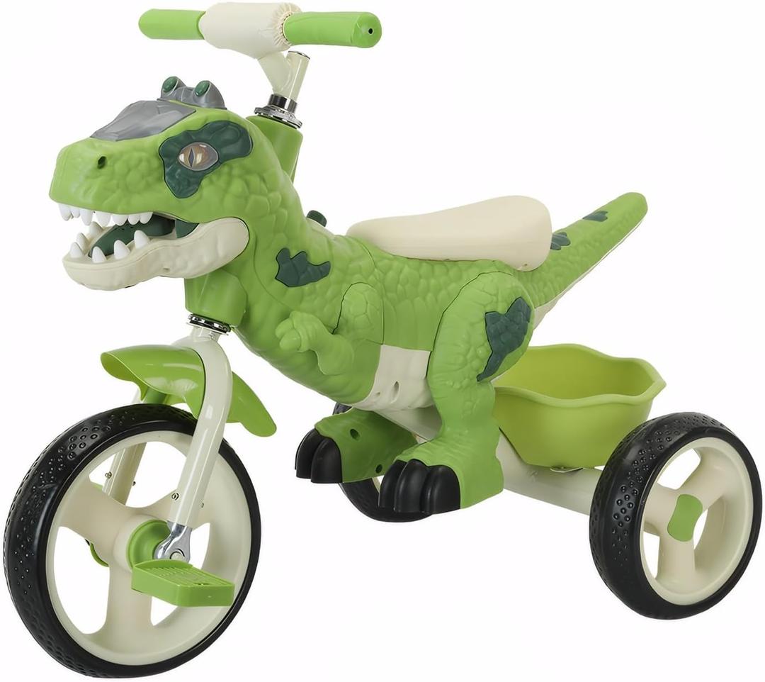 Dinosaur Kids Tricycle for Rider- Toddlers Kid Trike Bike Big Wheel with Music, Storage Basket,Indoor/Outdoor Preschool Daycare Kids Bike,Best Gift for 2-7 Year Old Girls & Boys (Green)