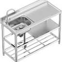 Free Standing Stainless-Steel Single Bowl Commercial Restaurant Kitchen Sink Set w/Faucet & Drainboard, Prep & Utility Washing Hand Basin w/Workbench & Double Storage Shelves Indoor Outdoor (47in)
