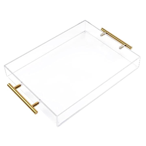 12"x16" Clear Acrylic Serving Tray with Golden Handles, Sturdy Huge Capacity Acrylic Tray for Coffee, Juice, Kitchen and Desk Organizer, Storage Tray (12"x16")