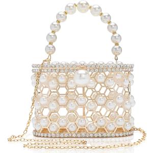 CARIEDO Evening Handbag Women Clutch Purses with Pearl Diamonds for Wedding Prom Birthday Party Dinner Accessories (White)