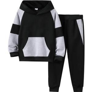 Boys Clothes Long Sleeve Hooded Pullover Colorblock Sweatshirt + Pants 2pcs Fall Winter Outfit Set (7-8 Years, Z:black)