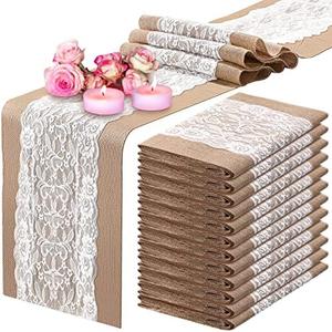 Chumia 12 Pack Lace Burlap Table Runner Rustic Natural Jute Table Runner 12 x 72 Inch Farmhouse Hessian Tablecloths for Vintage Country Wedding Birthday Thanksgiving Christmas Party(Classic Style)