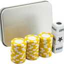 Left Right Center Dice Game Set with 3 Dices + 36 Yellow Poker Chips and Silver Storage Box