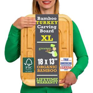GREENER CHEF 18 Inch Extra Large Organic Turkey Carving Board with Lifetime Replacements - XL Wooden Butcher Block Meat Cutting Board with Pour Spout