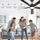 52 Inch Ceiling Fan with Lights and Remote, Smart APP Control, Dimmable with All-Setting Memory, Quiet DC Motor Reversible Blades, Damp Rated Modern Ceiling Fan for Bedroom Patio Living Room, Black