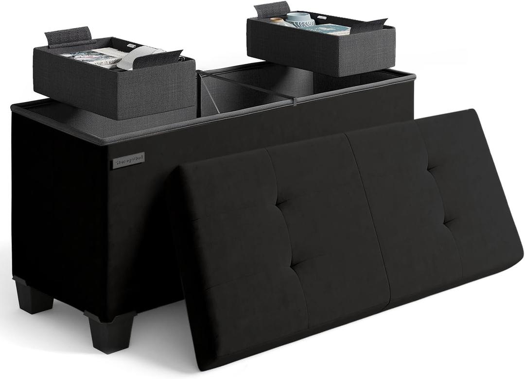 Storage Ottoman Bench with Bins, 30-in Storage Bench for Bedroom End of Bed, Folding Foot Rest Ottoman for Living Room Max 660lbs, Velvet Ottomans, Black