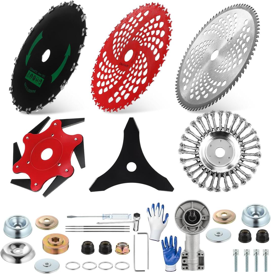 Duraaamo 7 Pcs Brush Cutter Kit Include 9 x 36T Carbide Tipped Blades, 9 x 20T, 10 x 3T and 10 x 80T Blades with Adapter Kit, 8 Inch Steel Wire Rotary Head and Trimmer Head Replacement