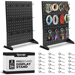 Pegboard Display Stand with 24 Hooks and 2 Stands for Craft Shows, Tabletop Jewelry Organizer Rack for Vendors, Keychain and Merchandise Display for Artist Alley & Retail Events, Black 17'x13'