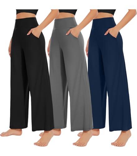 NEW YOUNG 2 Pack Women's Wide Leg Pants with Pockets High Waist Loose Sweatpants Casual Lounge Yoga Workout Palazzo Medium
