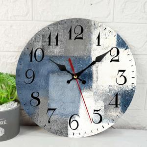 ArtSocket Wooden Wall Clock Silent Non-Ticking, Blue White Grey Abstract Painting Gray Vintage Round Wall Clocks Decor for Home Kitchen Living Room Office, Battery Operated(12 Inch) (Modern Vintage Style40)