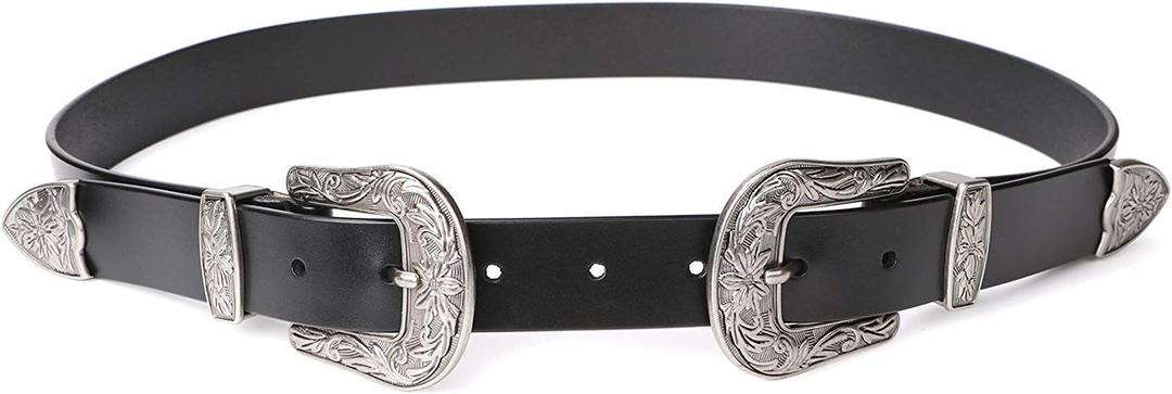 JASGOOD Double Buckle Western Belts for Woman Cowgirl Country Belt Vintage Black Leather Belt for Jeans Pants Dresses Size: For Size 28-32inch
