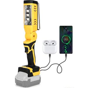 Cordless LED Work Light Compatible with Dewalt 20V Battery, 18W 6500K Flashlight, Adjustable Head, with Low Voltage Protection, USB & Type-C Charging Port, for Camping Emergency (Not Battery)
