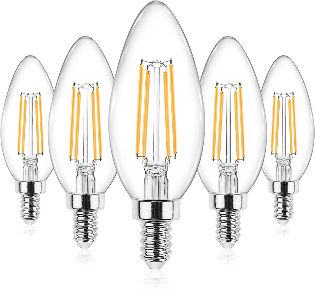 Ascher E12 Candelabra LED Light Bulbs 60 Watt Equivalent, Warm White 2700K, Non-Dimmable, 550 Lumen, Clear LED Filament Candle Bulbs, Pack of 5