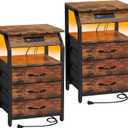 End Tables Set of 2, Nightstands with Charging Station and LED Lights, 3 Drawers Fabric Dresser, Storage Side Tables for Bedside, Living Room, Rustic Brown