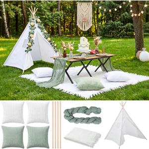 7 Pcs Boho Camping Decor Set with Teepee Tent, Large Picnic Blanket 71x71, 4 Pillow Covers & Table Runner, Aesthetic Glamping Kit for Indoor Outdoor Party, Proposal, Photoshoot(Sage Green)