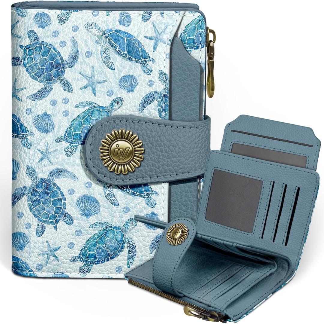 Sea Turtle Small Wallet Women RFID Blocking Bifold, Credit Card Holder, Zipper Coin Pocket, PU Leather, Cute, Compact, Travel, 4 ID Window, 14 Card Slots, Cash Purse, Ladies Woman Female Girls