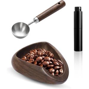 Coffee Bean Dosing Cup Set, Walnut Dosing Tray with 15ml Stainless Steel Measuring Spoon & 10ml Coffee spray bottle, Espresso Accessories for Baristas and Home Brewers (3 Pack)