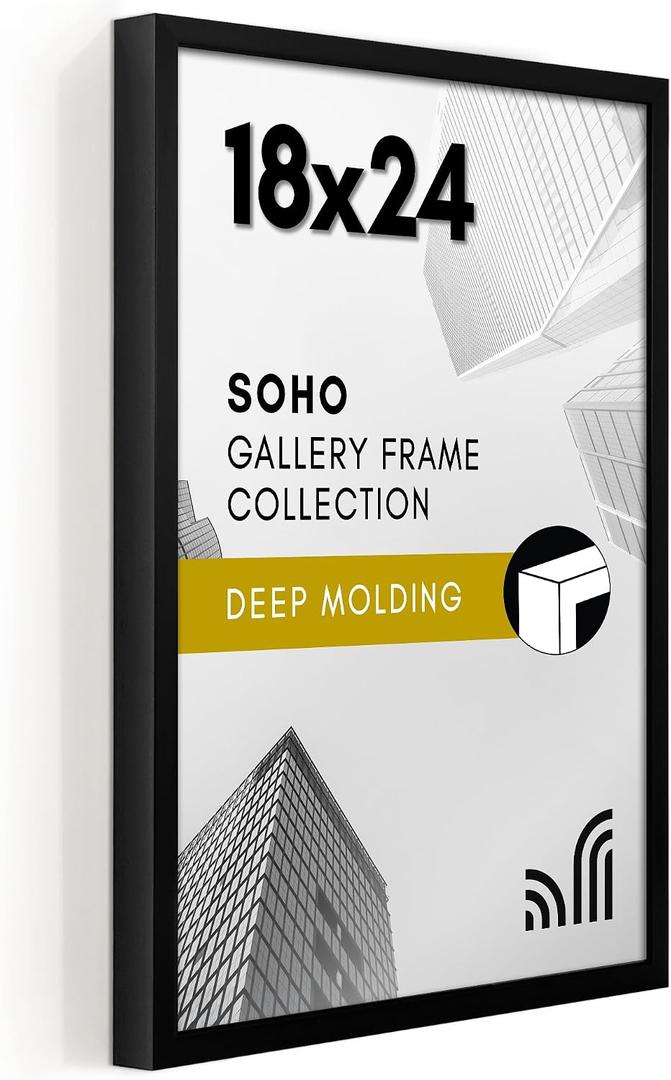 Americanflat 18x24 Poster Frame with Polished Plexiglass - Soho Collection - Gallery Style Deep Molding Picture Frames for Wall Display - Black