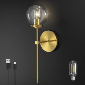 C03 Battery Operated Wall Sconce No Wired Rechargeable Wall Lamp with Clear Glass Shade Easy to Install Cordless Wall Light Fixtures for Bathroom Hallway Kitchen Mirror Gold(Bulb Included) (Brass 2)