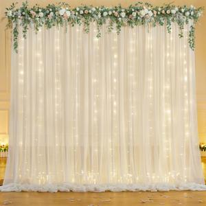 10ft x 7ft Ivory Chiffon Backdrop Curtain with Lights String for Parites Wedding Wrinkle Free Curtain Photo Backdrops Drapes for Baby Shower Birthday Party Home Decorations