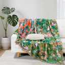 100% Cotton Muslin Floral Blanket, Super Soft Throw Green for Couch, Bed Chair Quilt Travel Blankets, Reversible Jacquard Fall Coverlet, Lightweight Boho Farmhouse Picnic Blanket, 80"x90"