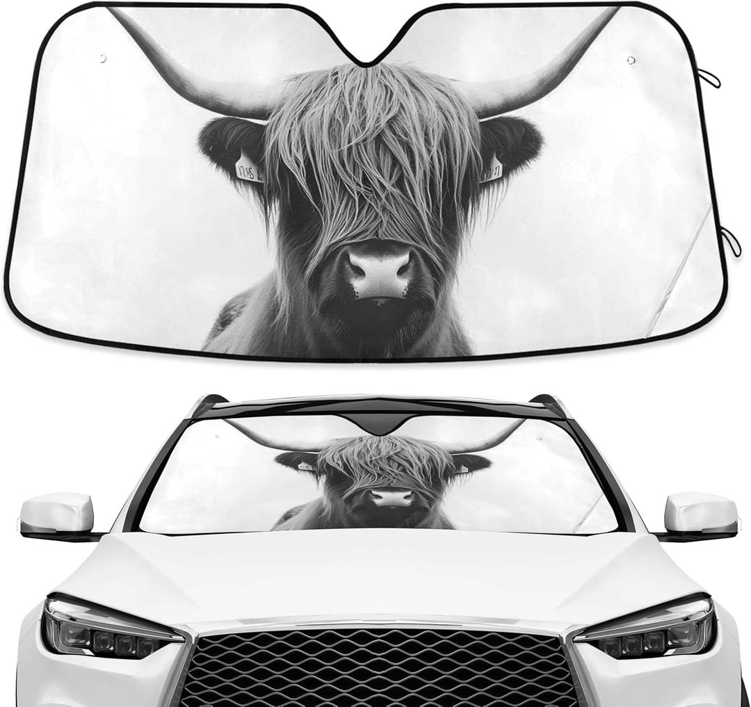 Highland Cow Black Windshield Sunshade Car Sun Shade Front Window Shade for Truck SUV Blocks UV Rays Sun Reflector Visor Protector Accordion Folding