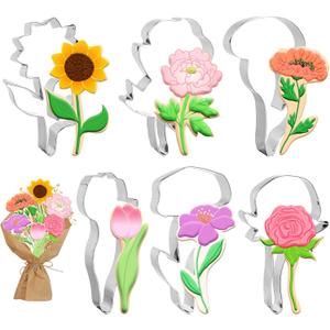 FYSUIMU 6Pcs Flower Cookie Cutters Biscuit Cutter Spring Tulip Peony Sunflower Rose Floral Stem Stainless Steel Cookie Cutting Molds for Mother' s Day Home DIY Baking Supplies
