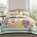YAYIDAY Quilt King Size Patchwork Bedspread Set - 100% Cotton Reversible Breathable Colorful Floral Quilted Bedspreads with Pillow Shams Fit All Seasons
