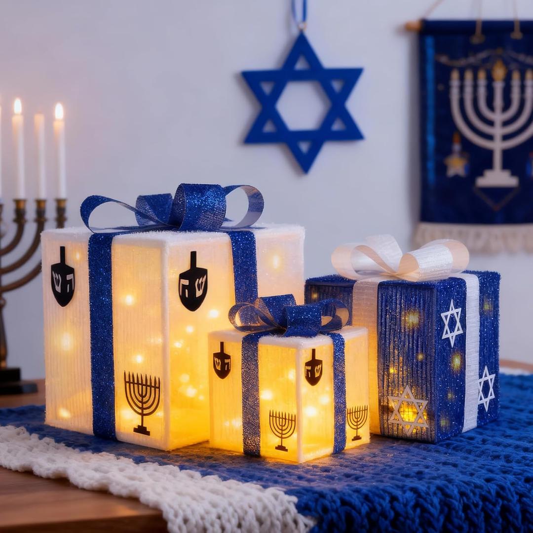 Lighted Hanukkah Decorations, 3 Sets Adjustable LED White and Blue Gift Boxes Decor, Hanukkah Indoor Outdoor Decorations for Chanukah Party Table Centerpieces Christmas Jewish Home Decor