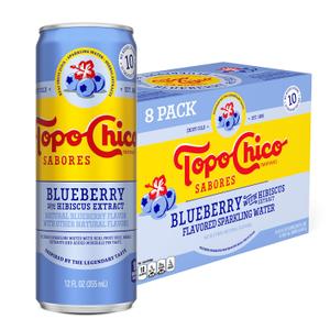 Topo Chico Sabores Blueberry with Hibiscus Extract Flavored Sparkling Water, 12 fl oz Portable Cans, 8 Pack (EXP 10/27/25)