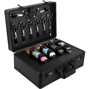 Barber Case Clipper Bag Black, Hair Kit Tool Box Aluminum Organizer with Portable Handle and Secure Numlock for Scissors, Clippers, Barber Supplies 15.8" x 11" x 6.5"